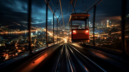 an image of city lights from a cable car descending a hill, capturing motion