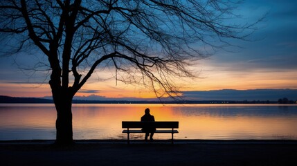 Silhouette of a man sitting on a bench, looking over the lake on the Fraueninsel island at the Chiemsee Lake in Bavaria, Germany