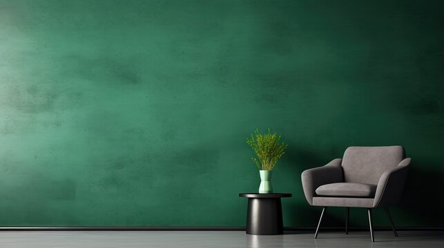 Luxurious cozy living room with a green chair and a black table. Empty teal wall made of microcement or concrete texture plaster. Reception lobby or lounge interior room design. 3d rendering
