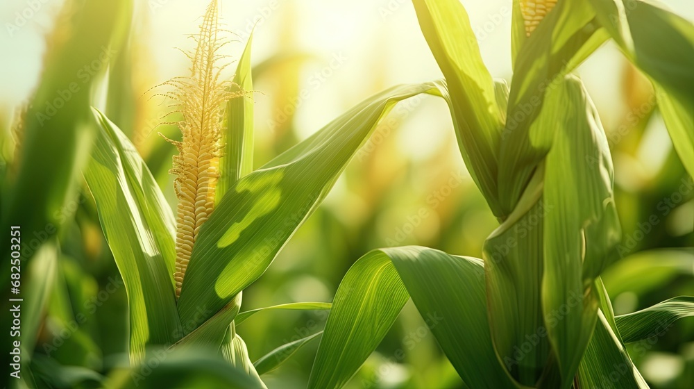 Poster corn field close up. selective focus. green maize corn field plantation in summer agricultural seaso