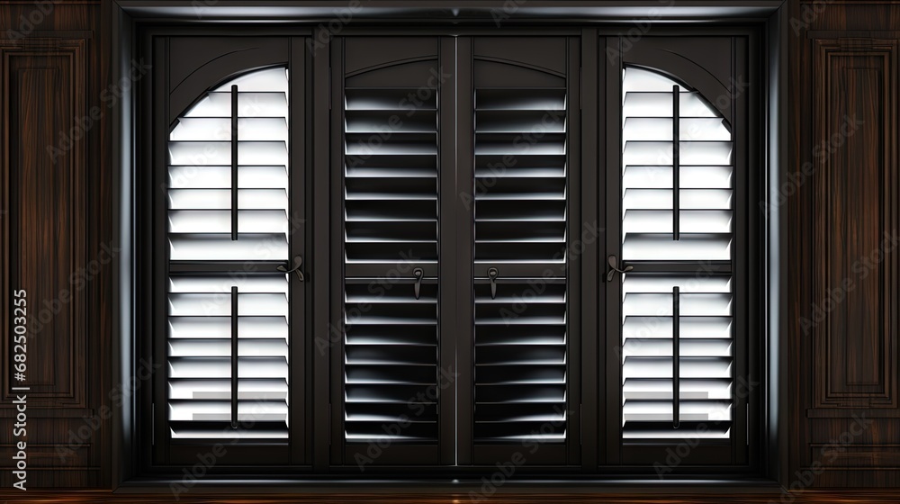 Poster Frame of a wooden black window with white curtain and open shutters
