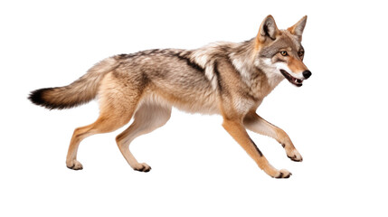 Obraz premium a coyote, in motion, full body in an isolated and transparent PNG in a Wildlife-themed, photorealistic illustration. Generative ai