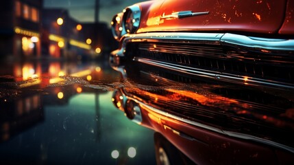 an image of city lights reflected on the hood of a parked car
