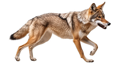 Fototapeta premium a coyote, in motion, full body in an isolated and transparent PNG in a Wildlife-themed, photorealistic illustration. Generative ai