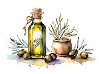 Olive oil and olives. Watercolor illustration for menu, packaging design