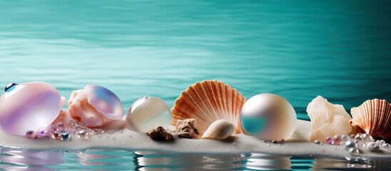 Obraz na płótnie Canvas Azure beachscape with assortment of shells, pebbles, and ocean treasures