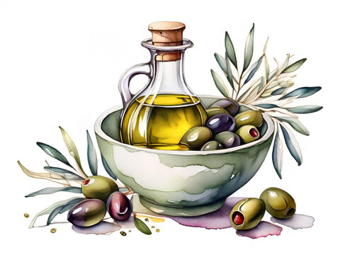 Olive oil in a bowl with olives. Watercolor illustration for menu, packaging design