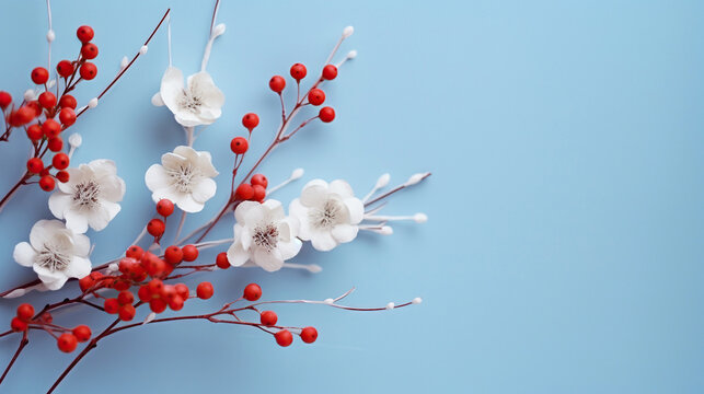 Serene elegance: Pristine white flowers paired with vibrant red berries against a tranquil blue backdrop.