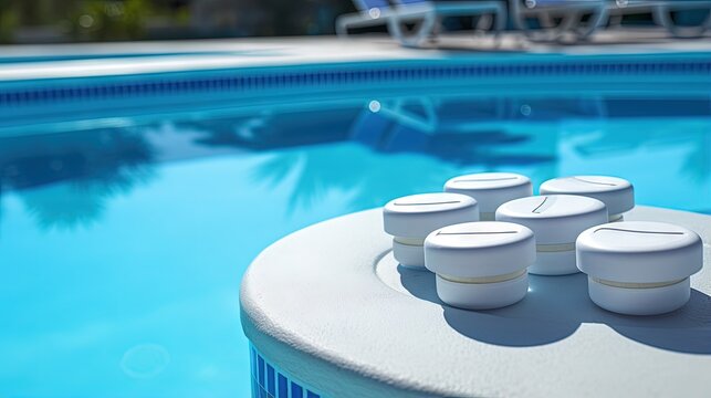 Chlorine tablets for swimming pools, chemicals for water maintenance in the pool.