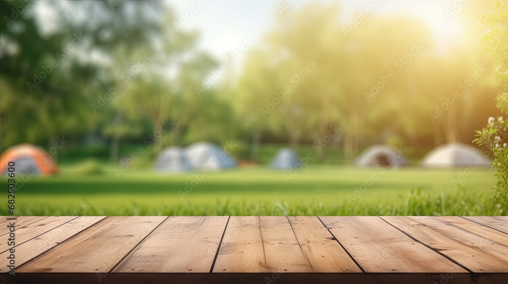 Aufkleber wooden table top on blur tent camping travel tent and grass field. fresh and relax concept. for mont