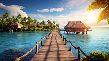 Wooden walkways over the water of the blue tropical sea to authentic traditional Polynesian thatched roof houses with eco-friendly use of solar panels. Polynesia, Tahiti - obrazy, fototapety, plakaty