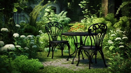 Black garden furniture in the green garden