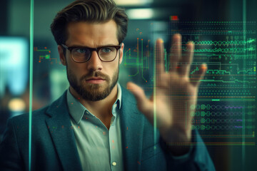 Portrait of male data scientist in a suit, wearing glasses, analyzes augmented reality data on a holographic screen in office using hand gestures. 
