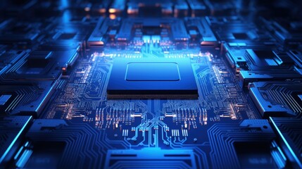 Abstract hardware and software background. Circuit board, Chip processor, Mainboard and code programmer. Hi-tech computer engineer. Cyberpunk tech and database coding. Blue neon light effect