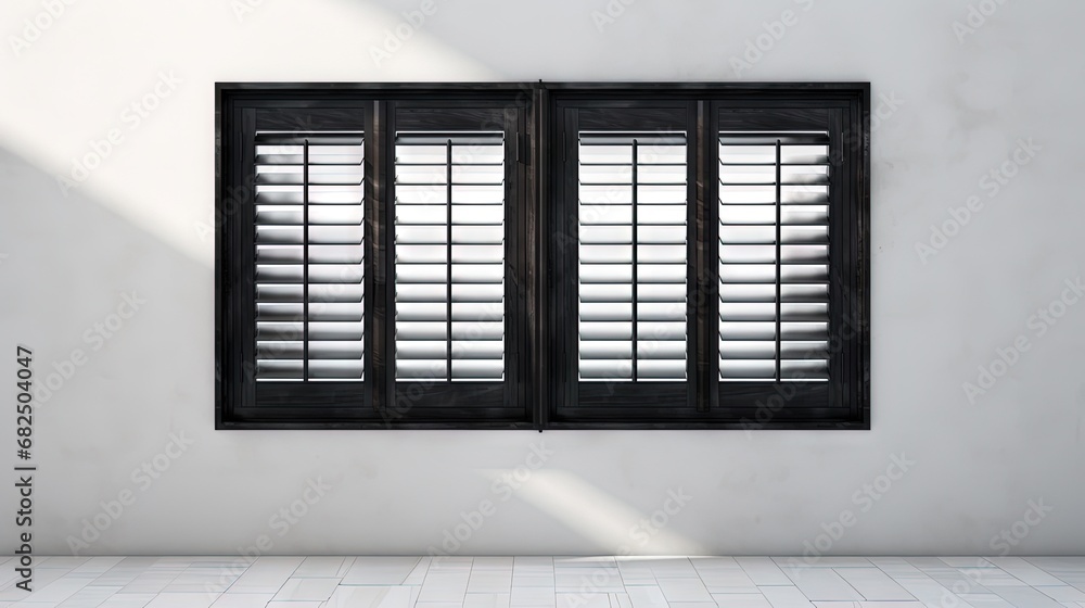 Poster Frame of a wooden black window with white curtain and open shutters