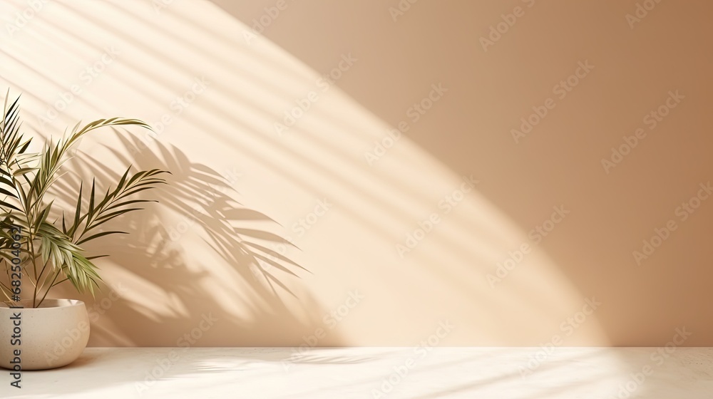 Poster Minimalistic abstract gentle light beige background for product presentation with light andand intricate shadow from the window and vegetation on wall.