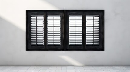 Frame of a wooden black window with white curtain and open shutters