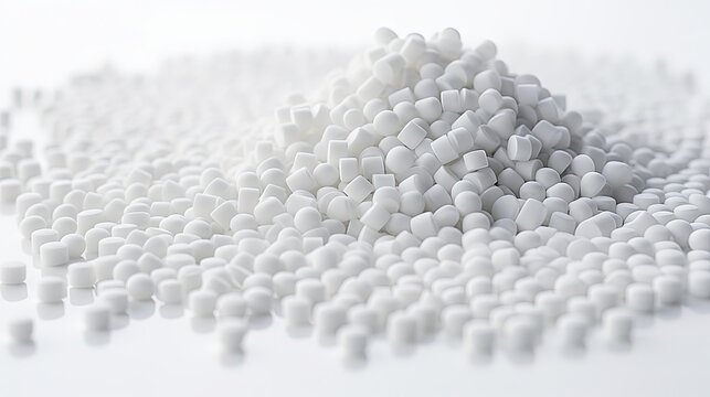 White plastic, polymer pellets for the production of plastic products. Close-up, isolated on a white background