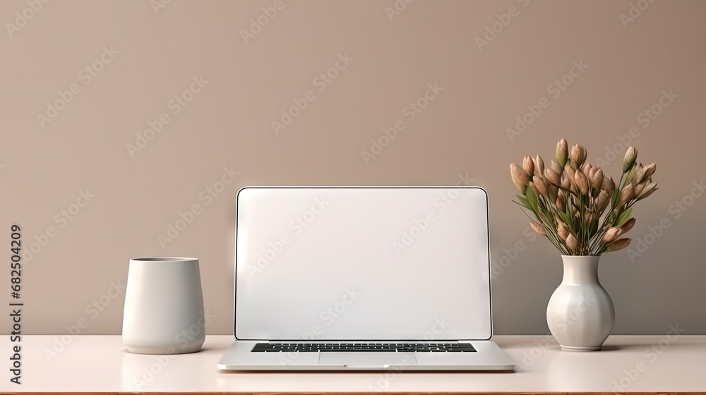 Fototapete front view on blank white laptop display on white table with stylish vase, lamp and smartphone. mock