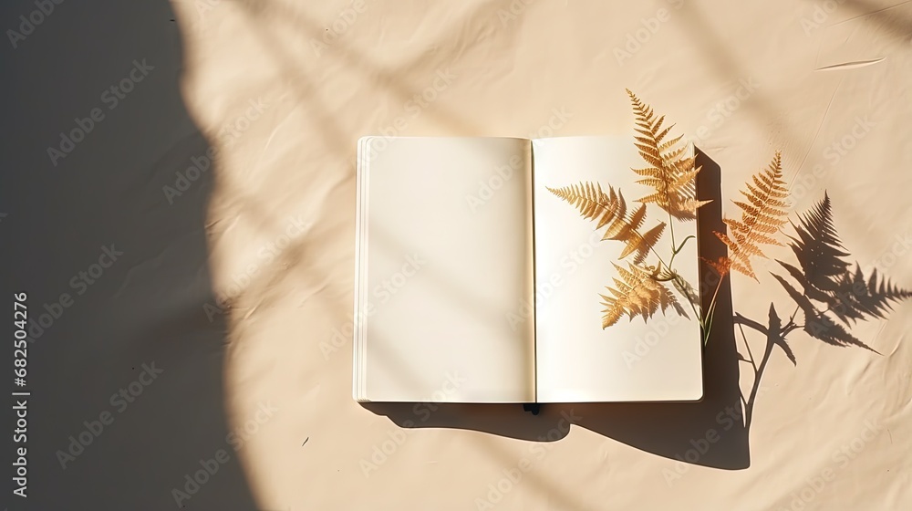 Poster the shadow of a home plant falls on a blank sheet of an open notebook. a simple concept of planning 