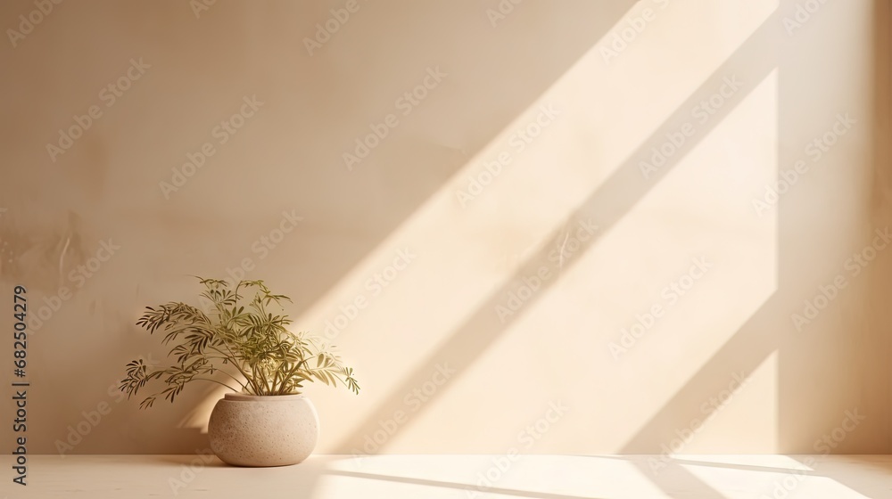 Poster Minimalistic abstract gentle light beige background for product presentation with light andand intricate shadow from the window and vegetation on wall.