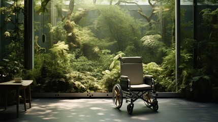 A room with a view of greenery and a wheelchair. Nursing care facility.