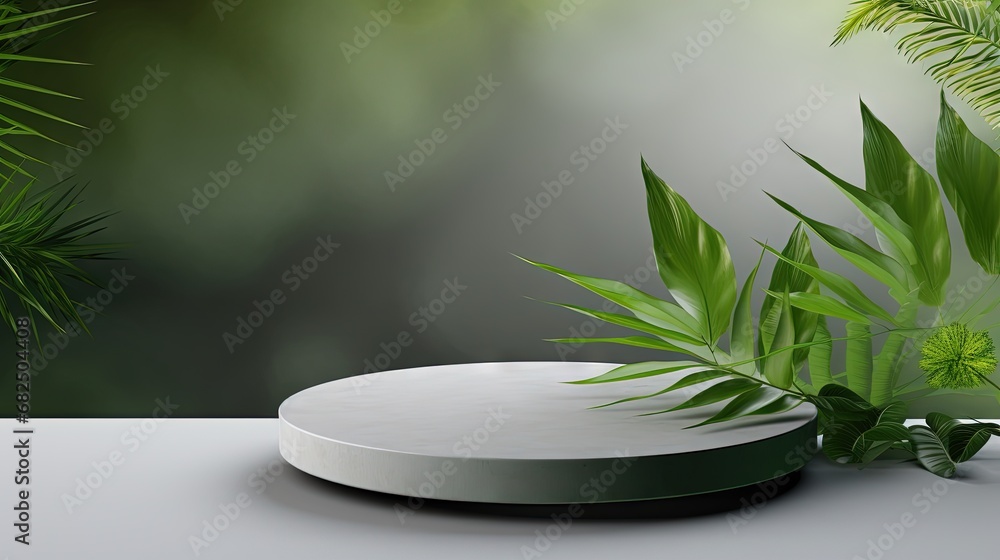 Aufkleber Minimal modern product display on light gray background, copy space. Concrete empty podium and green leaves. Concept scene stage showcase for cosmetic product, skin care product presentation.