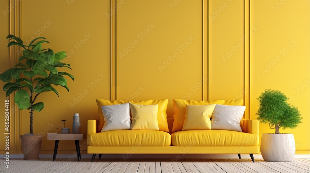 Poster wall mock up in warm tones with yellow sofa and decoration minimal.3d rendering