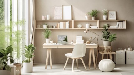Fototapeta premium Design scandinavian interior of home office space with a lot of mock up photo frames, wooden desk, a lot of plants, mirror, office and personal accessories. Stylish neutral home staging. Template.