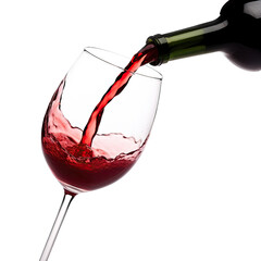 Wine being poured into a wine glass in a side view in an isolated and transparent PNG in a Drink-themed, photorealistic illustration. Generative ai
