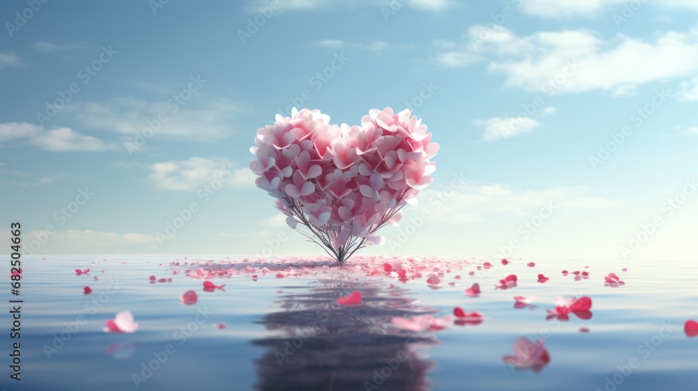 Sticker a heart shaped tree in the middle of a body of water with pink petals floating on the water and a bl