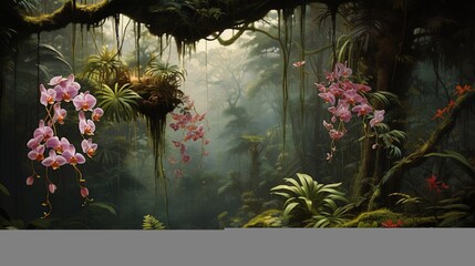 A lush tropical rainforest canopy with exotic orchids clinging to mossy branches.