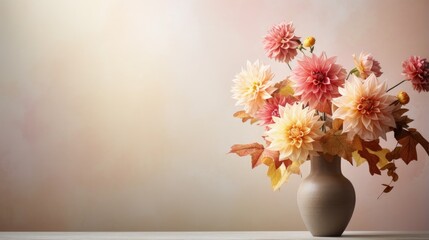 Beautiful autumn flower bouquet with red, pink dahlia and orange berry in vase on table. Aesthetic sun light shadow on a empty neutral wall background, copy space, wedding or holiday arrangement