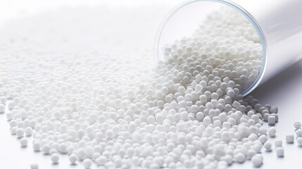 White plastic, polymer pellets for the production of plastic products. Close-up, isolated on a white background - obrazy, fototapety, plakaty