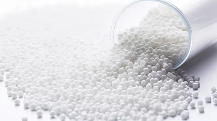 Tuinposter White plastic, polymer pellets for the production of plastic products. Close-up, isolated on a white background © HN Works