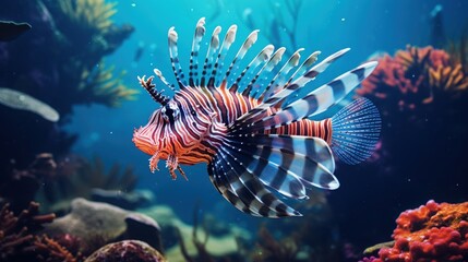 Predator lionfish in the sea, underwater photo. Tropical reef and venomous red fish. Snorkeling on the coral reef with colorful marine wildlife. Aquatic animal, corals and sea. - obrazy, fototapety, plakaty