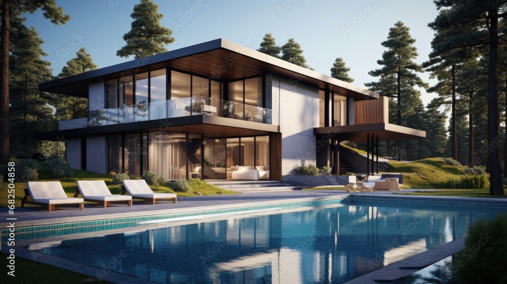 Poster 3d visualization of a modern house with a swimming pool. luxury architecture