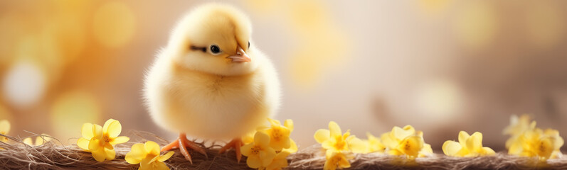 baby chick in the flowers, easter egg hunt, easter holiday, isolated with copy space, easter background