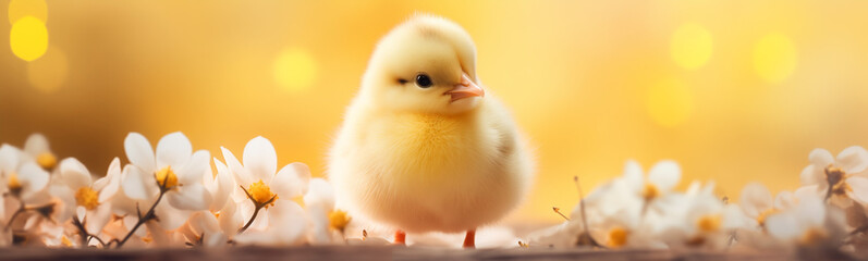 baby chick next to flowers, copy space for text, easter egg hunt, easter holiday, isolated, easter background