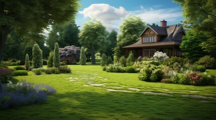 Fototapeta na wymiar Peaceful Garden with a Freshly Mown Lawn