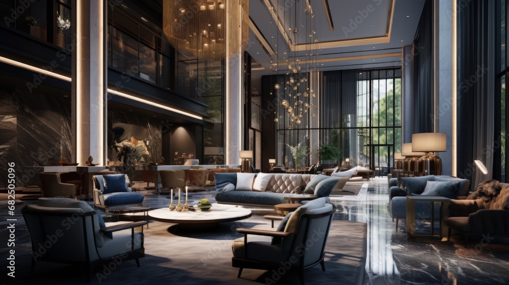 Poster concept of generic modern luxurious lobby for hotel with comfortable sofas, arm chairs and moody lig