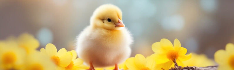baby chick in the flowers, easter egg hunt, easter holiday, isolated with copy space, easter background
