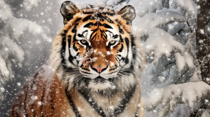  a tiger is standing in the snow in front of a bunch of snow flakes on the ground and behind him is a tree with snowflakes on it.