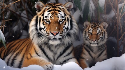  a couple of tigers sitting next to each other on a snow covered ground in front of a tree with snow on the ground and snow on the ground behind them.