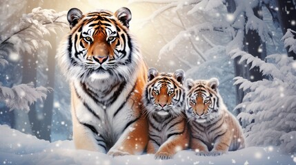 Obraz premium a painting of three tigers sitting in the snow in front of a forest with snow falling on the ground and snow falling on the trees and snow falling on the ground.