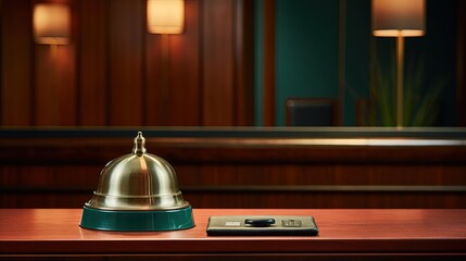 A front desk bell on reception counter. Hotel bell is normally use to call staff service and staff can help guests with any queries that they may have. - obrazy, fototapety, plakaty