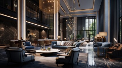 Concept of generic modern luxurious lobby for hotel with comfortable sofas, arm chairs and moody lighting - obrazy, fototapety, plakaty