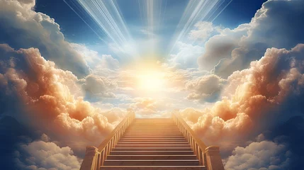 Foto op Canvas Stairs with sun beams . Way to heaven . Beautiful sky . © HN Works