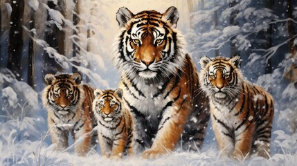  a painting of a group of tigers walking through a snow covered forest with a full moon in the sky in the middle of the painting is a snow covered area.