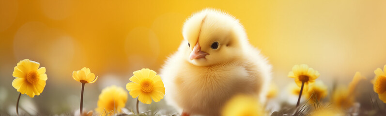 baby chick in the flowers, easter egg hunt, easter holiday, isolated with copy space, easter background
